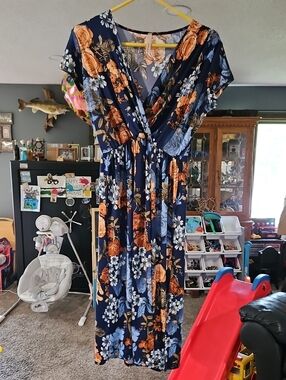 Gilli Navy Floral Wrap Maxi Dress with Orange & Light Blue Blooms